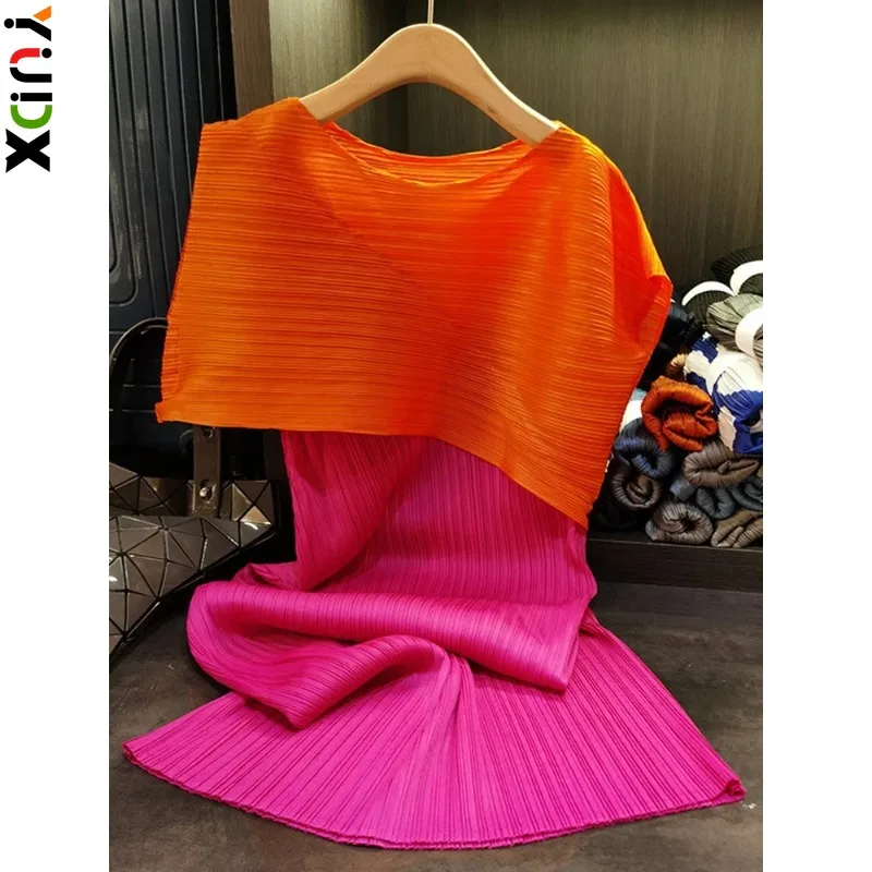 yudx-miyake-vestido-plissado-para-mulheres-cor-contrastante-patchwork-gola-redonda-longo-medio-design-de-nicho-primavera-novo-2024