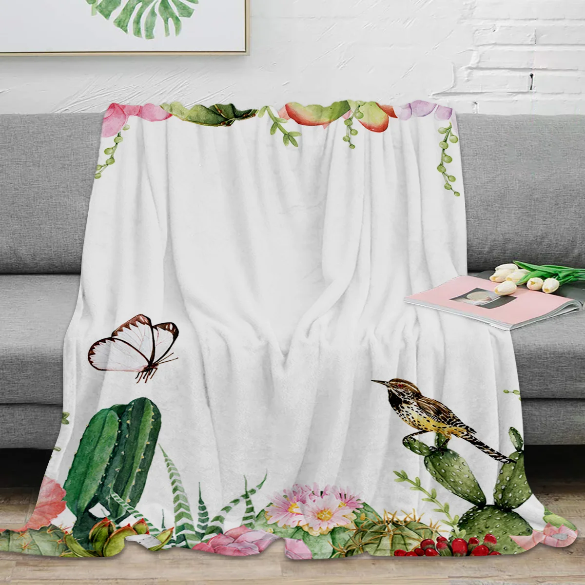 

Bird Flower Succulent Butterfly White Throw Blanket Portable Warm Blanket Blankets For Beds Home Decor Sofa Blanket