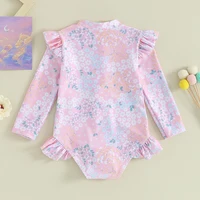 Kids Clothes Girl Swimsuits Cute Floral Print Ruffle Long Sleeves Zipper Bodysuit Beachwear Bathing Suits Baby Swimming Clothing 3