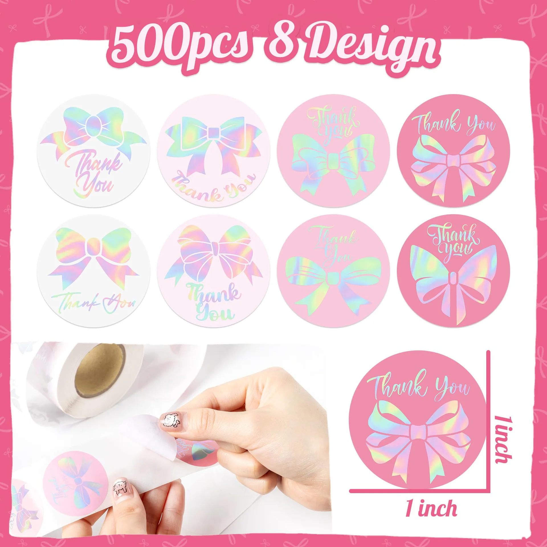 500Pcs 레이저 활 모양 감사 스티커 홀로그램 리본 종이 데칼 접착 스티커 라벨 웨딩 봉투 스크랩북 선물용