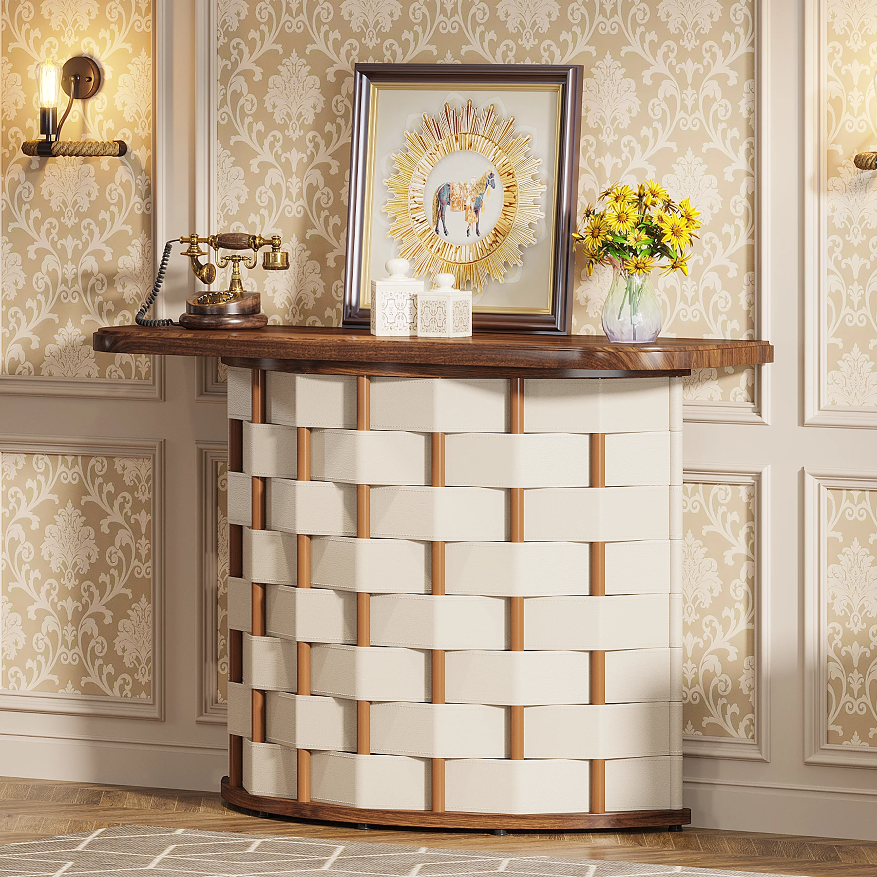 

Tribesigns Half Moon Entry Table for Entryway, 47-Inch Vintage Semi Circle Console Sofa Table with Woven Leather Base