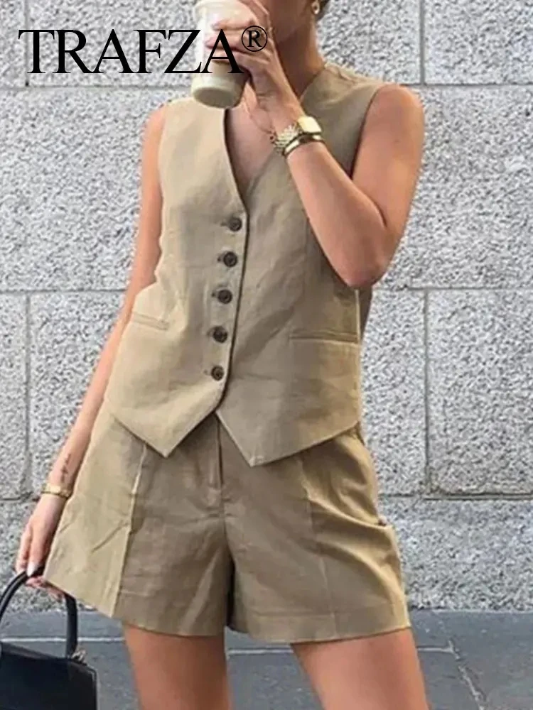 TRAFZA Women Pant Sets Vintage Solid Single Breasted V Neck Waistcoat Tops + Slim Zipper Fly Shorts Summer Office Lady Suit TRAF