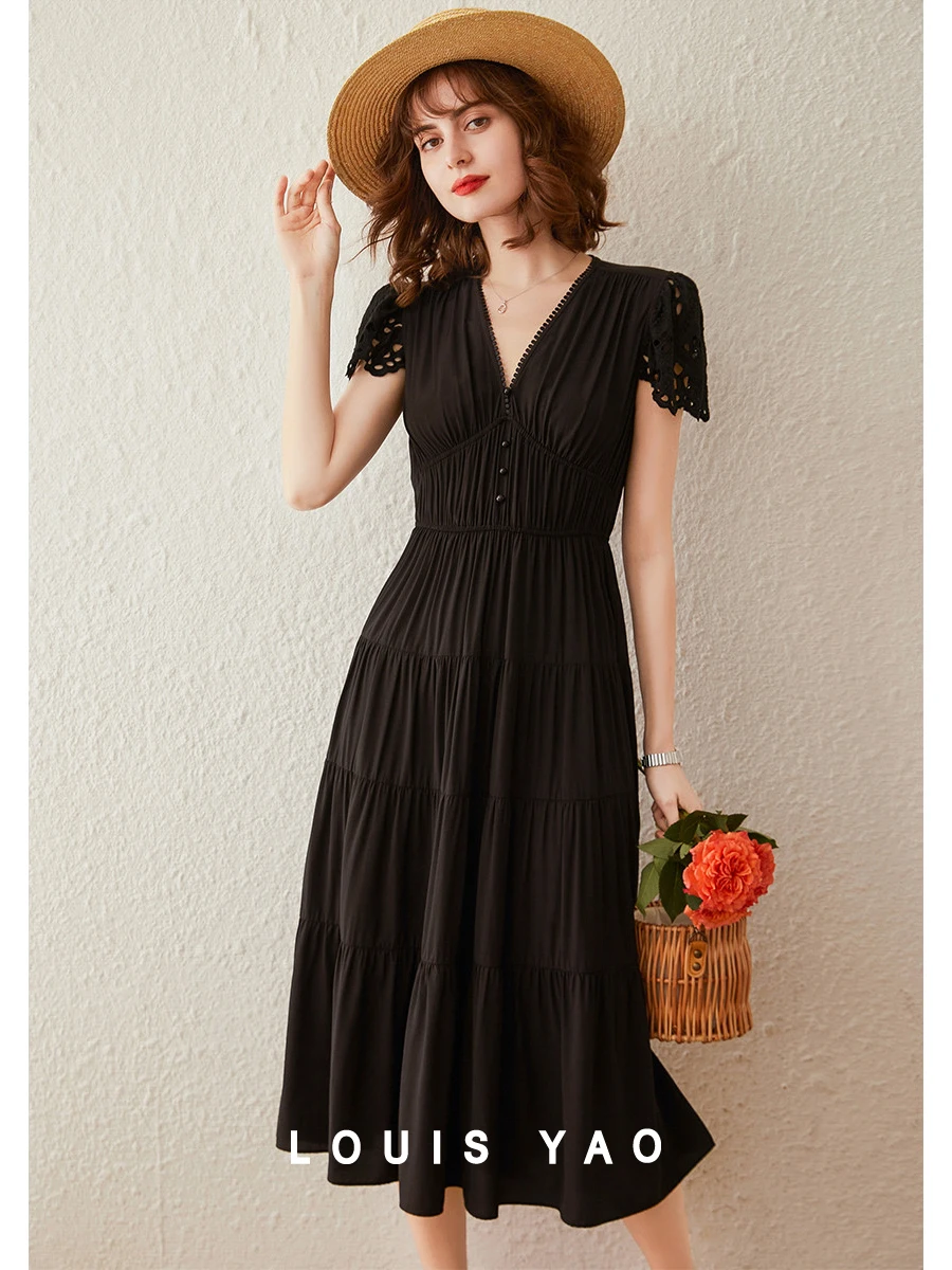 louis-yao-vestido-largo-de-verano-para-mujer-prenda-de-manga-corta-con-cuello-en-v-corte-en-a-color-solido-estilo-retro-elegante-y-ajustado-color-negro