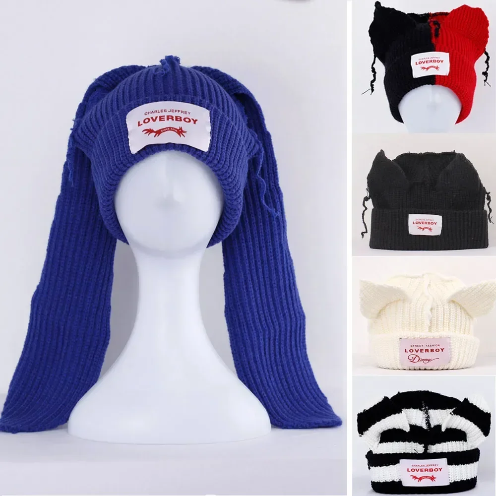 Winter Skullies Cute Women Long Ears Fox Hat Lover Hooded Cap Crochet Knitted Costume Beanie Hats Women Christmas Gift Hip-hop