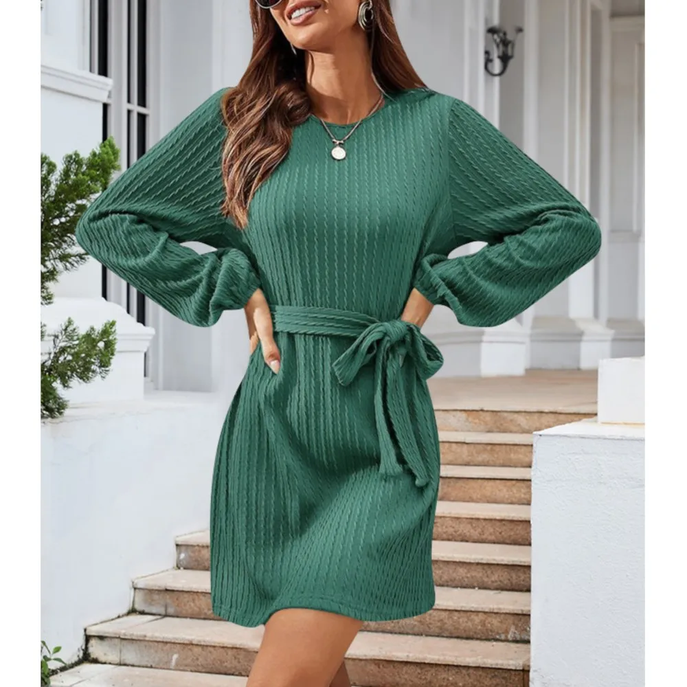 

Women's Elegant Rib Knitted Dresss 2023 Autumn Winter Solid O-neck Puff Sleeve Mini Dresses Women Holiday Green Sweater Dress