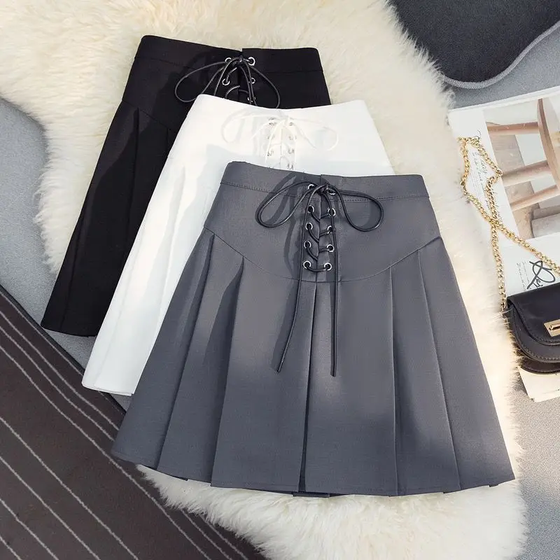 

2023 New Spring Summer Stylish Preppy Strap A-line Mini Skirt For Women Clothing Anti glare High Waist Pleated Short Skirts B513