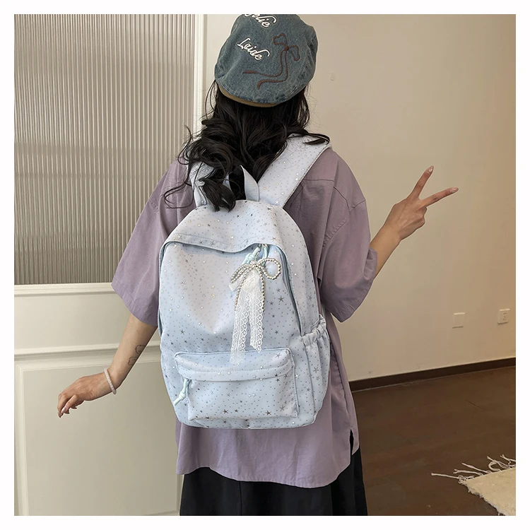 Women Star Canvas Backpack Multi-Pockets Bookbag Large-capacity Daypack with Bowknot Pendant for Middle And High School Students 5