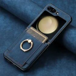 Vintage-Style PU Leather Wallet Phone Case with Ring & Card Slot Holder for Galaxy Z Flip 3 (Blue)