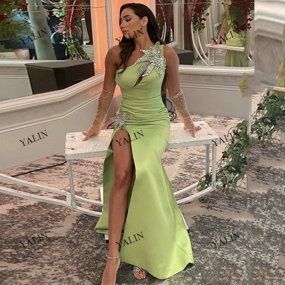 

YALIN 2022 Summer Sale Mermaid Celebrity Dresses Sexy Crystal High Slit Red Carpet Floor Length Asymmetrical Jersey Party Gowns