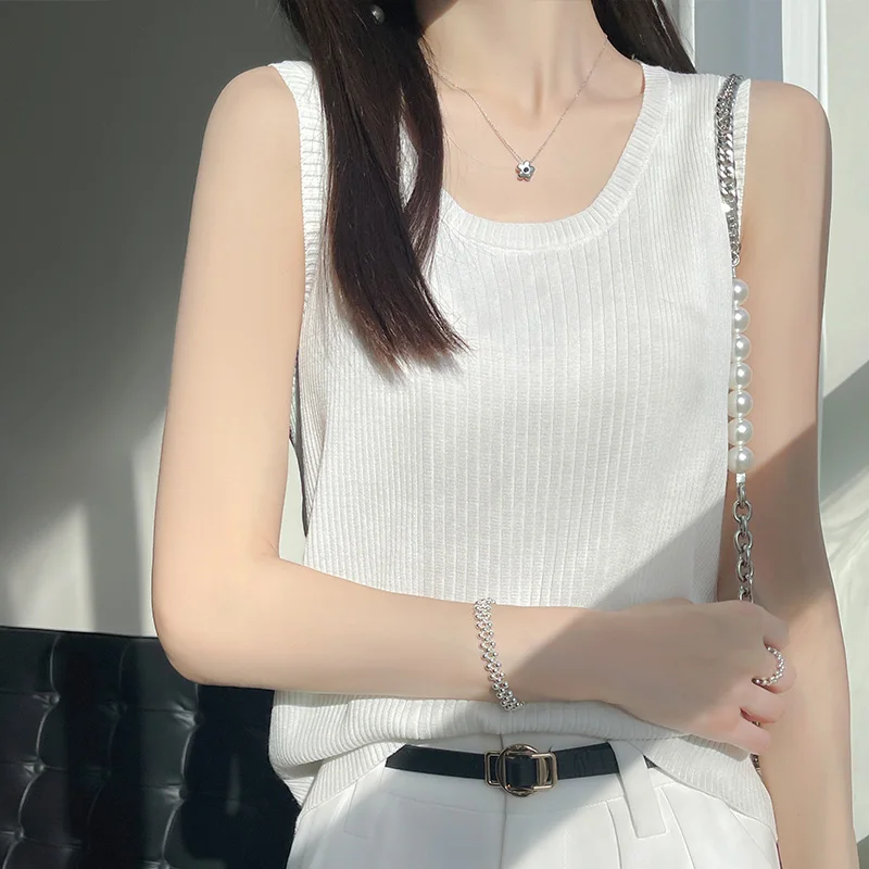 

New Women's Stripe Sleeveless High Quality Ice Shreds U-neck Knit Vest Summer Fashionable Minimalist Solid Versatile Camisole