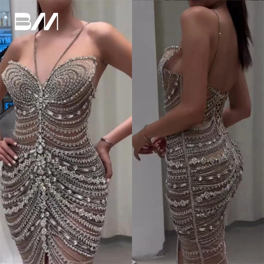 

Gorgeous Luxury Diamonds Prom Dress Halter Illusion Rhinestones Women Formal Evening Dresses Custom Made Tea-Length Party Gown