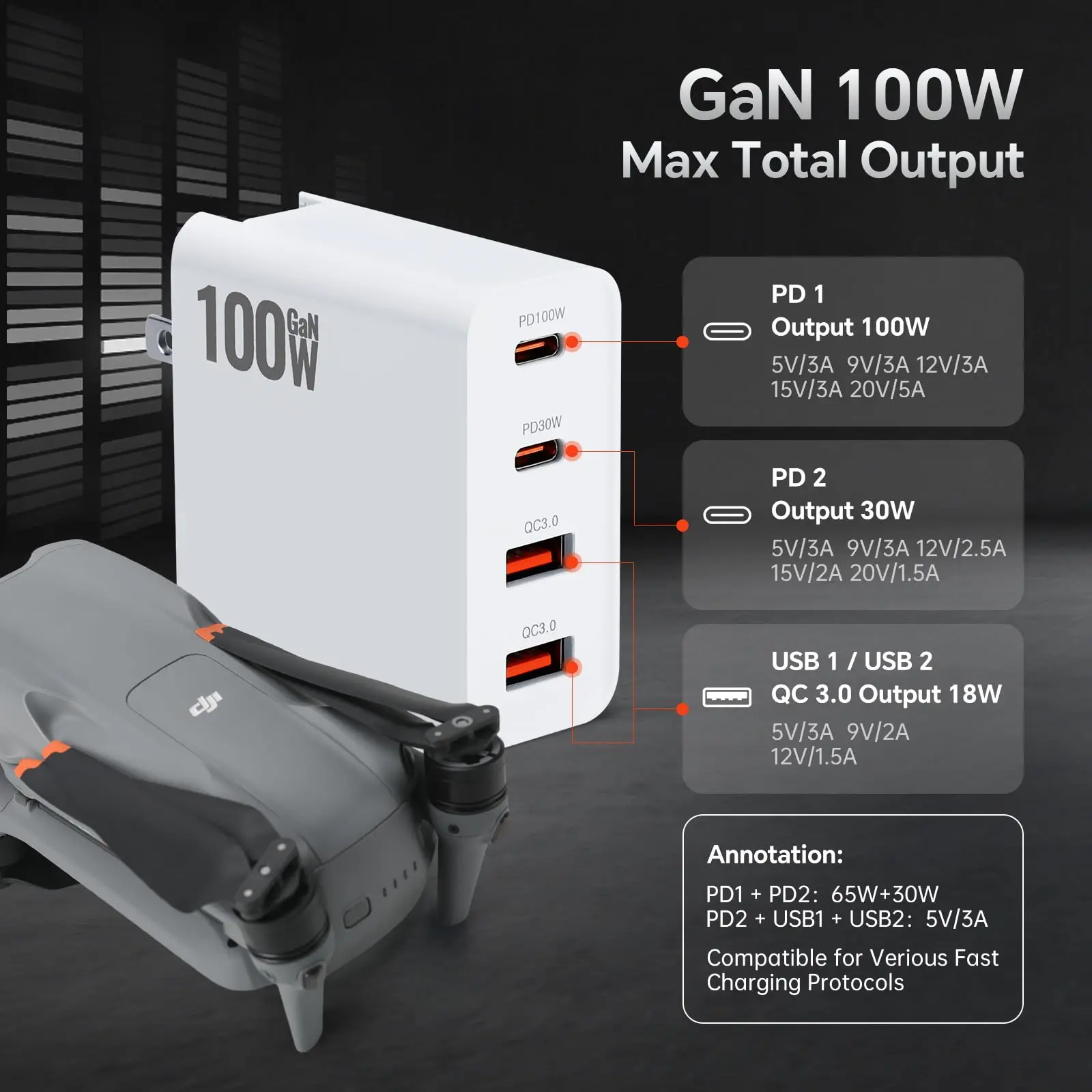 RCSTQ Drone power adapter 100W charger 4 ports QC3.0 Port Fast Charger for DJI Flip DJI NEO Air 3S Mini 4 Pro Drone Accessories