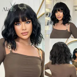 ALAN EATON Black Short Curly Synthetic Wigs with Bangs Women bob Wave Wig High Temperature Hair for Natural Looking Daily Party