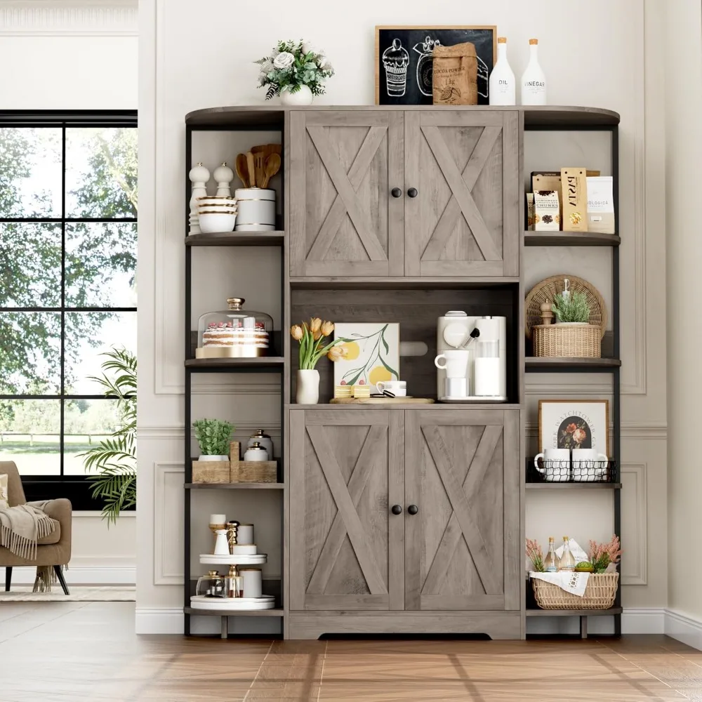 70" Kitchen Pantry Storage Cabinet,Tall Kitchen Hutch Cabinet with Microwave Stand,Industrial Pantry Cabinet with 8 Open Shelves 3