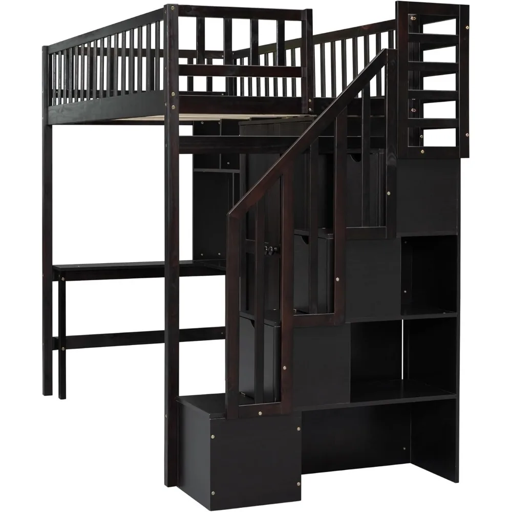 Twin Size Multifunctional Loft Bed with Wardrobe,Desk,Bookshelf and Drawers,Wood Loft Bed with Stairway Children's Wardrobes 5