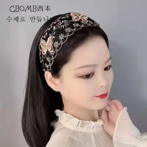 

Широкая повязка на голову с вышивкой в виде бабочки для закрытия белых волос, Кружевная повязка на голову для мам, ободок для волос для девочек