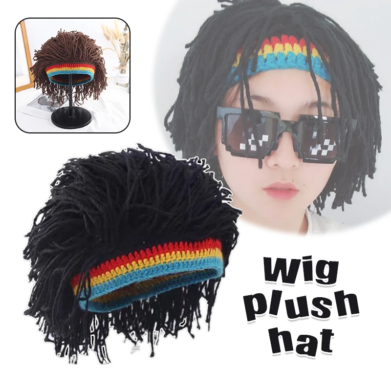 

Fashion Dirty Braid Funny Hat Unisex Knitted Wig Hat Head Cover Rainbow Hair Loop Personality Europe America Warm Hip Hop Hat