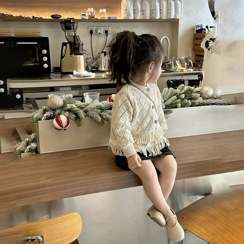 

Girls Spring Summer Cardigan New Japanese Style Short Knitted Design Long-sleeved Sweater Top Denim Skirt Suit Baby Girl Clothes