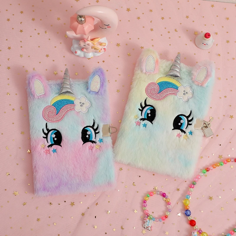 

Cute Rainbow Unicorn Notebook With Lock & Keys For Kid Girls Gift Diary Journal Agenda Planner Organizer Plush Note Book