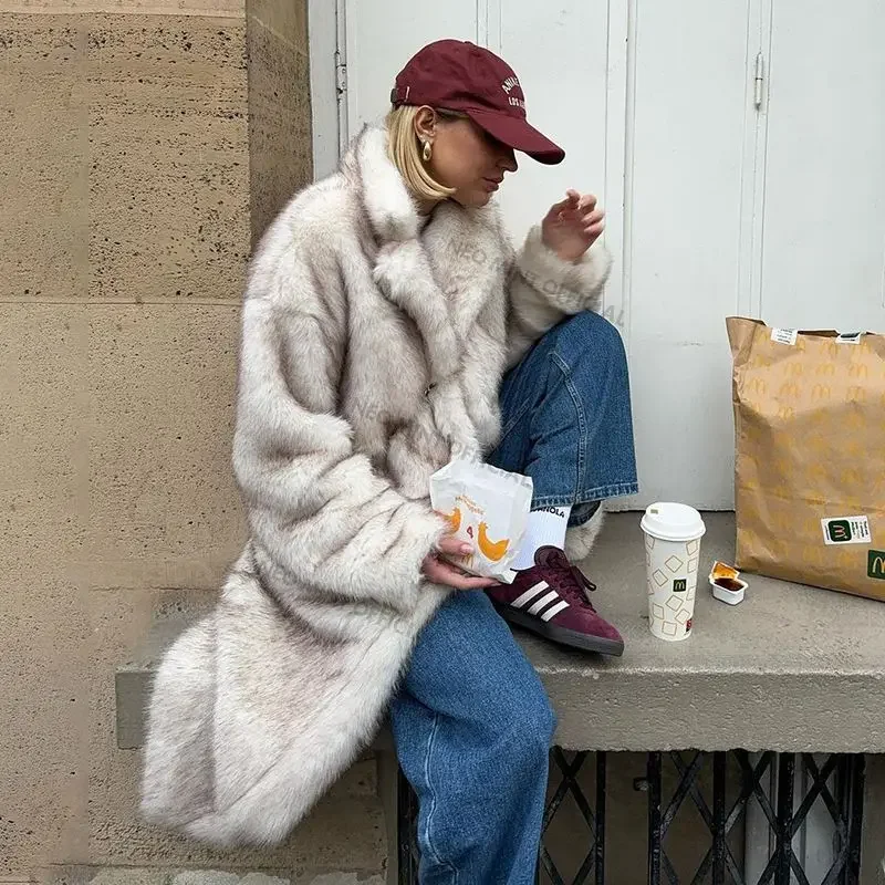 Neo Mint 2024 Winter Warm Fluffy Gradient Eco Fur Jacket Women Luxury Long Faux Fox Fur Coat Street Furry Outerwear Overcoat 2