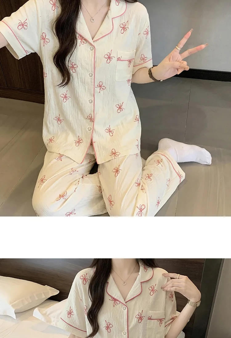 French-Style Sweet Bow Pajamas for Women: Summer Short-Sleeve Long-Pants Set with Cloud-Print, Soft and Cozy Cotton Loungewear