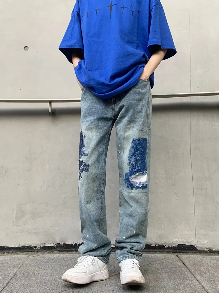 

Ripped Jeans for Men Street Slim Blue Pantalones Hombre Streetwear Fashion Denim PantsFit Flared Trousers Black Jeans