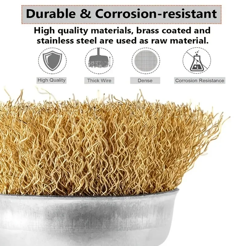 Wire Brush Wheel Cup Brush Set,Set Coarse Crimped 1/4 Inch Shank Wire Wheel for Drill Attachment Copper Wire Brush 3