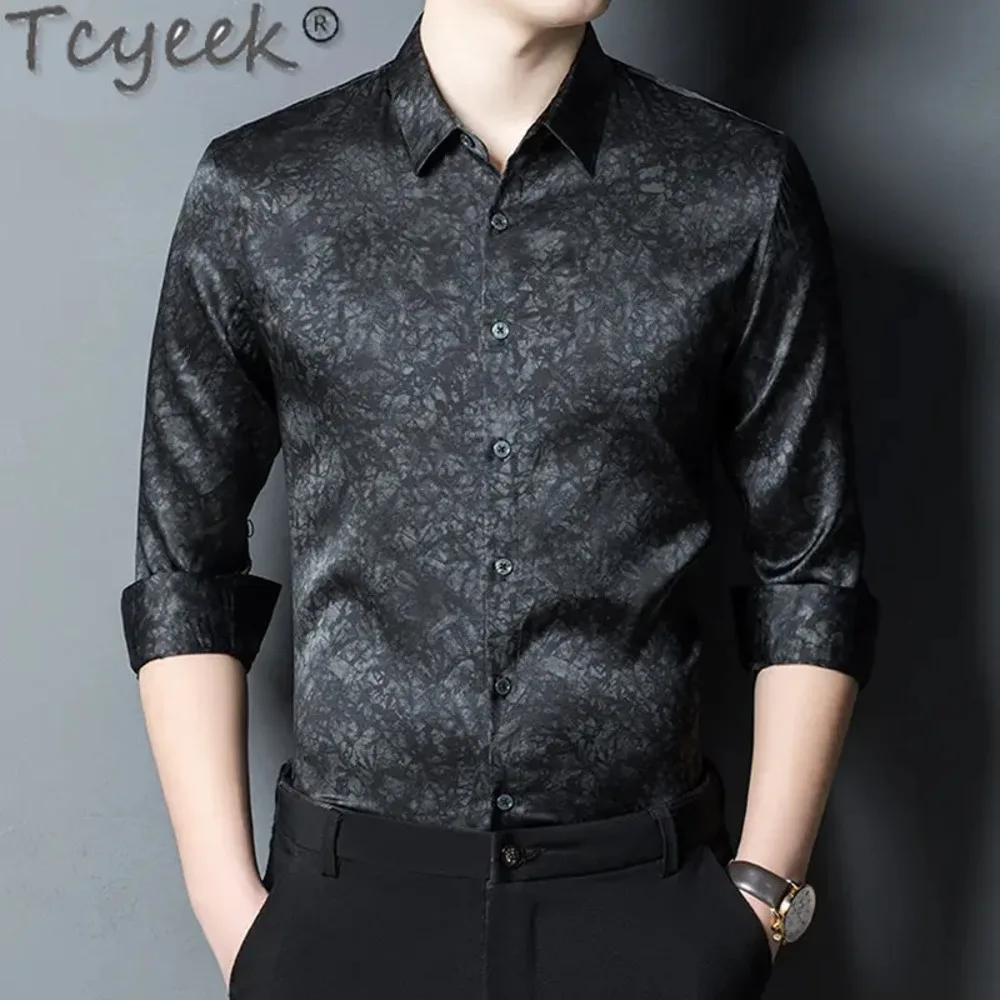 

Spring Tcyeek Autumn Long Sleeve Black Shirts Men Clothing Mulberry Silk Shirt Business Casual Printing Blouse Man Chemise Homme