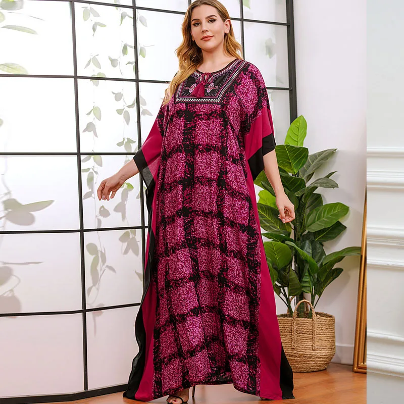 

Leisure Plus Size Extra Loose fashion Maxi Dress Women Plaid Line Red Long Robe Fat European Clothes Embroidered Summer Caftan