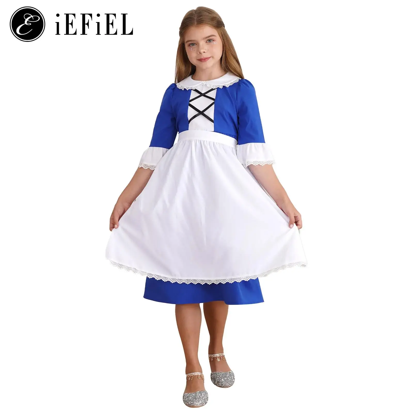 

Colonial Girl Costume Short Sleeve Pioneer Dress with Apron for Kids Historical Modest Prairie Pilgrim Halloween Fancy Dress Up