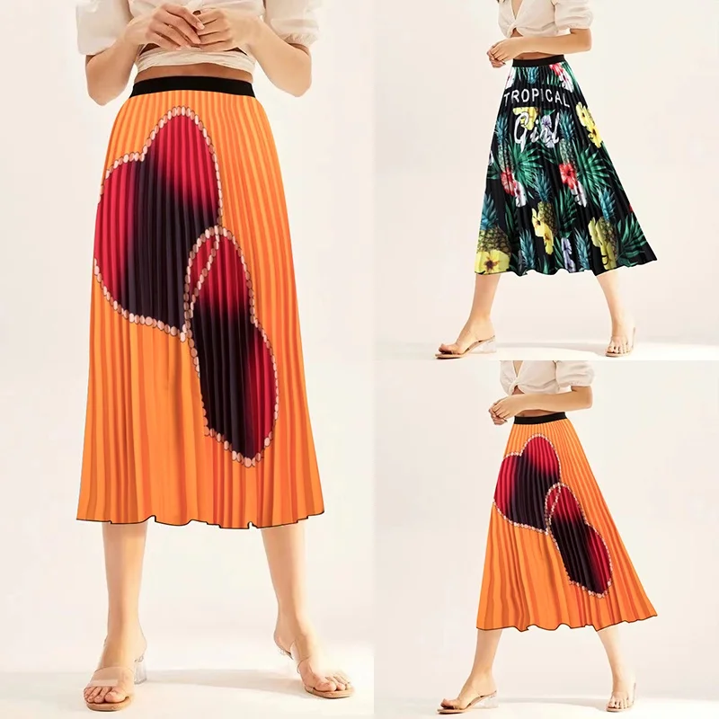 

New retro printed skirt, casual mid length pleated Love pattern skirts