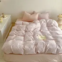 Ensemble de housse de couette rose, classique, à carreaux, double, Queen Size, pour filles et garçons, drap plat, taie d'oreiller, sans remplissage, doux, décoration de maison, ensemble de literie 2