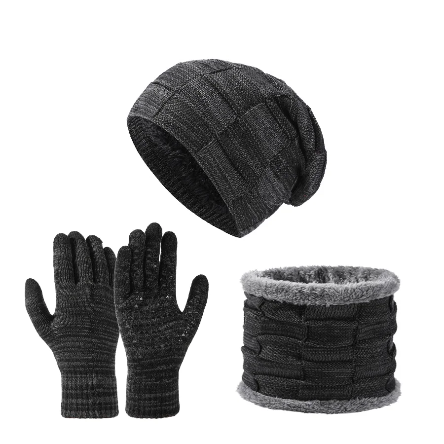 Unisex Autumn Winter Warm Soft Fleece-lined Knitted Hat Scarves Touch Screen Gloves 3-Piece Set