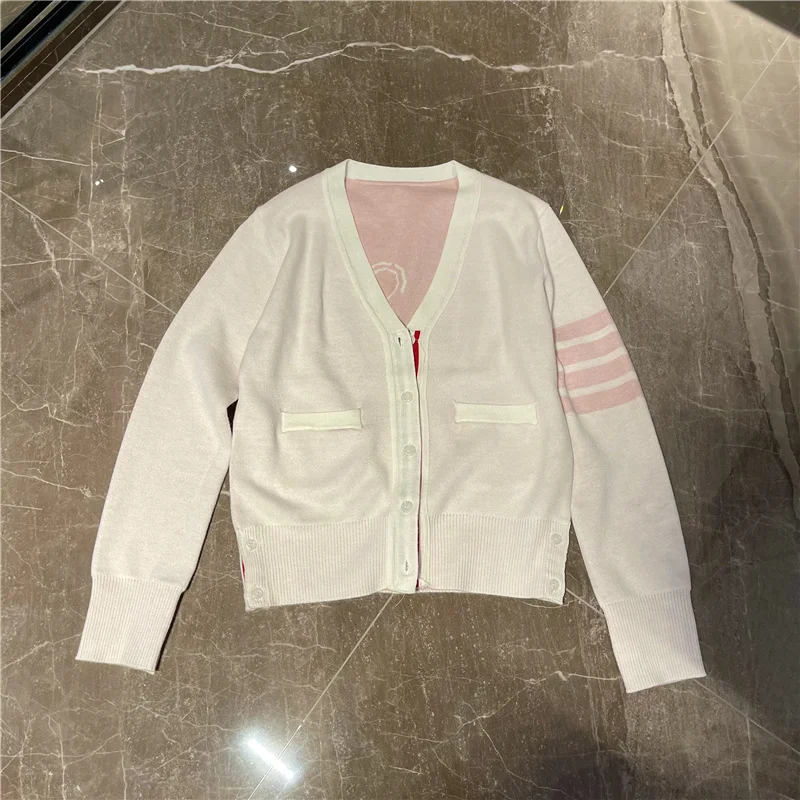 

Женский трикотажный кардиган, двусторонняя свободная жаккардовая куртка с V-образным вырезом, цвет РОЗОВЫЙ, Осень-зима