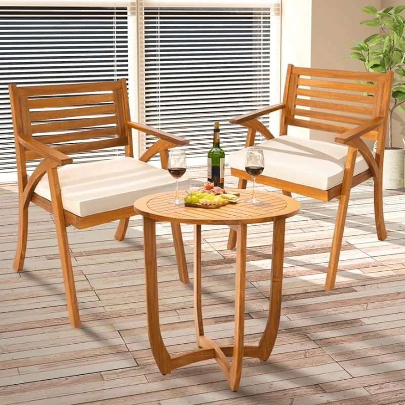 

IDZO 100% FSC Certified Acacia Wood Premium Patio Bistro Set, Table & Armchairs w/Cushion, Teak Finish, Large, Spacious Design
