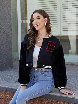 Women Faux Fur Sleeve Cropped Baseball Jacket Casual Patchwork Letterman Coat 6