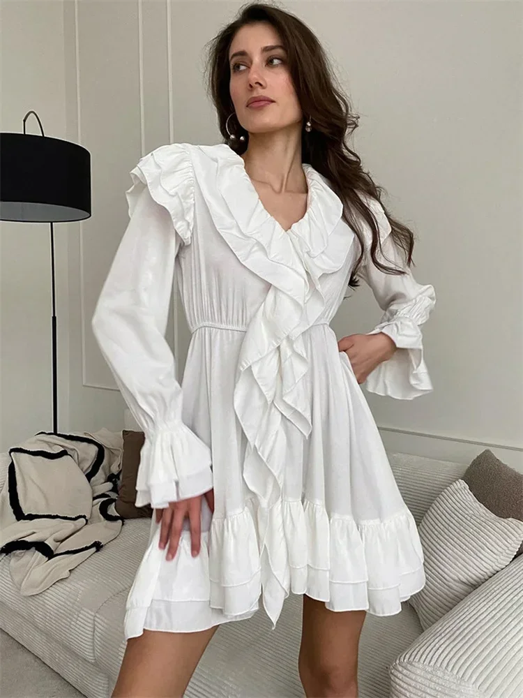 

White Ruffled Mini Dress Women's Patchwork Fashion Bandage High Waist Elegant Party Dress Slim Loose Autumn 2024 Dress New