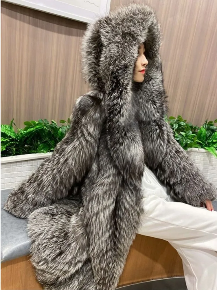 

Long Fur Coat Women Hooded Jacket Furry Overcoat Faux Fox Fur Coat Winter Thick Warm Fluffy Outerwears куртка женская зимня 2023