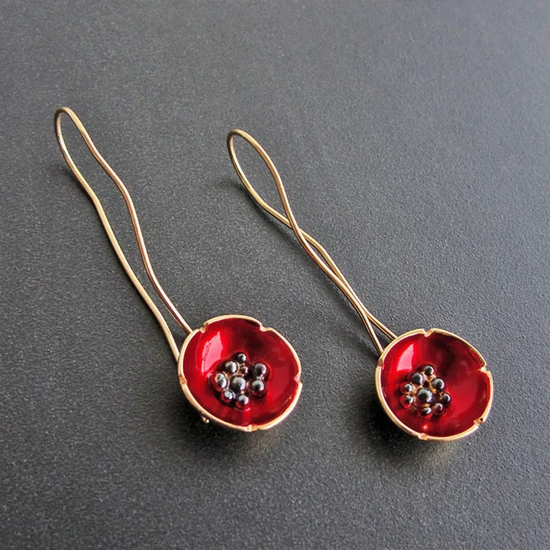 Red Flower Drop Dangle Earrings for Women Gold Color Twist Long Hook Earrings