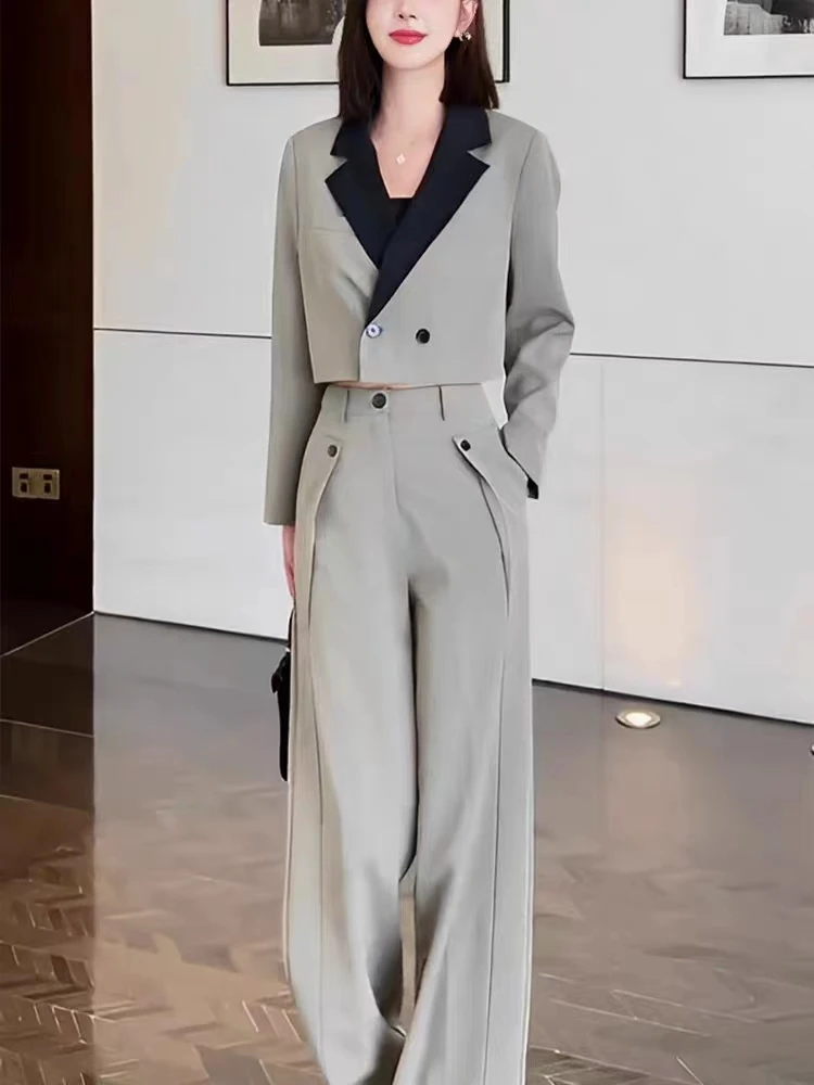 

Women's Vintage Casual Contrast Blazer Wide Leg Pants Two-piece Set Commuting Solid Double Breasted Suit Pants Professional Set
