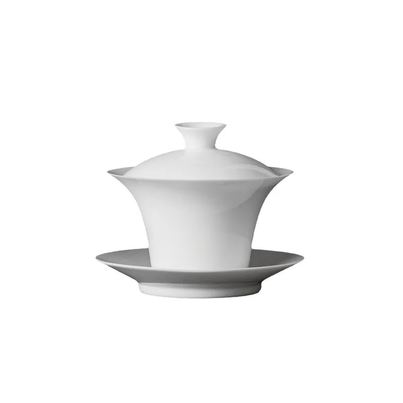 White Ceramic Lidded Bowl Single Kombucha Bowl with Cover Sancai Tea Cup Dehua Ceramic Gaiwan Sweet White Bubble Tea
