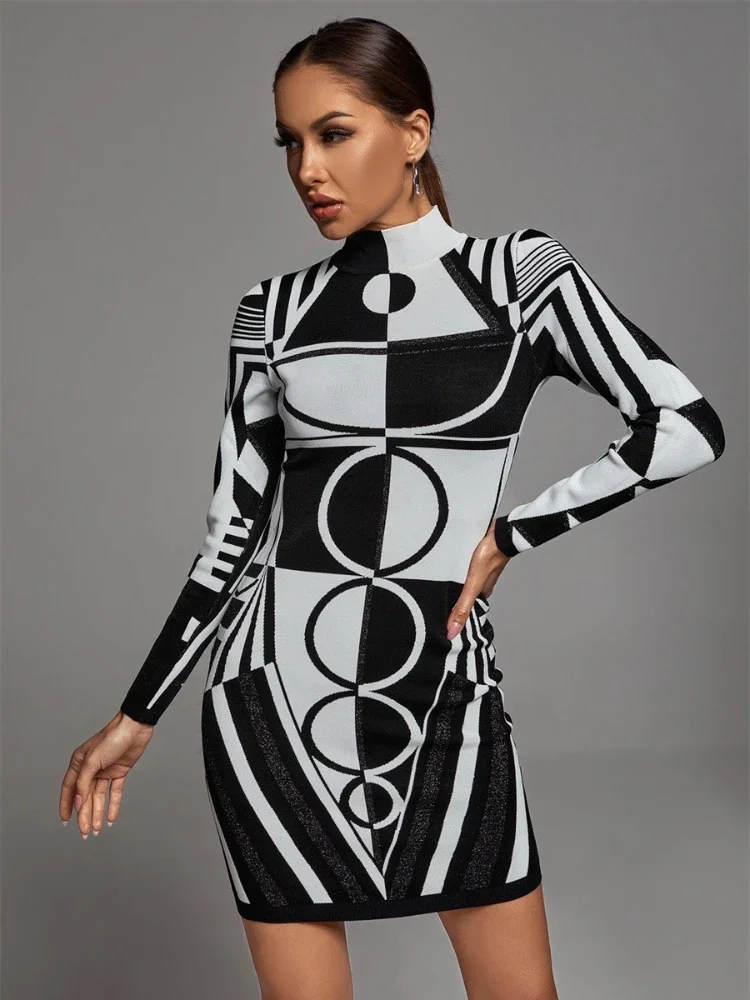 

2023 Brand Fashion Woman Dress Autumn Winter Geometric Knitted Sweater Dress Oversize Lady Full Sleeve Bodycon Mini Dress