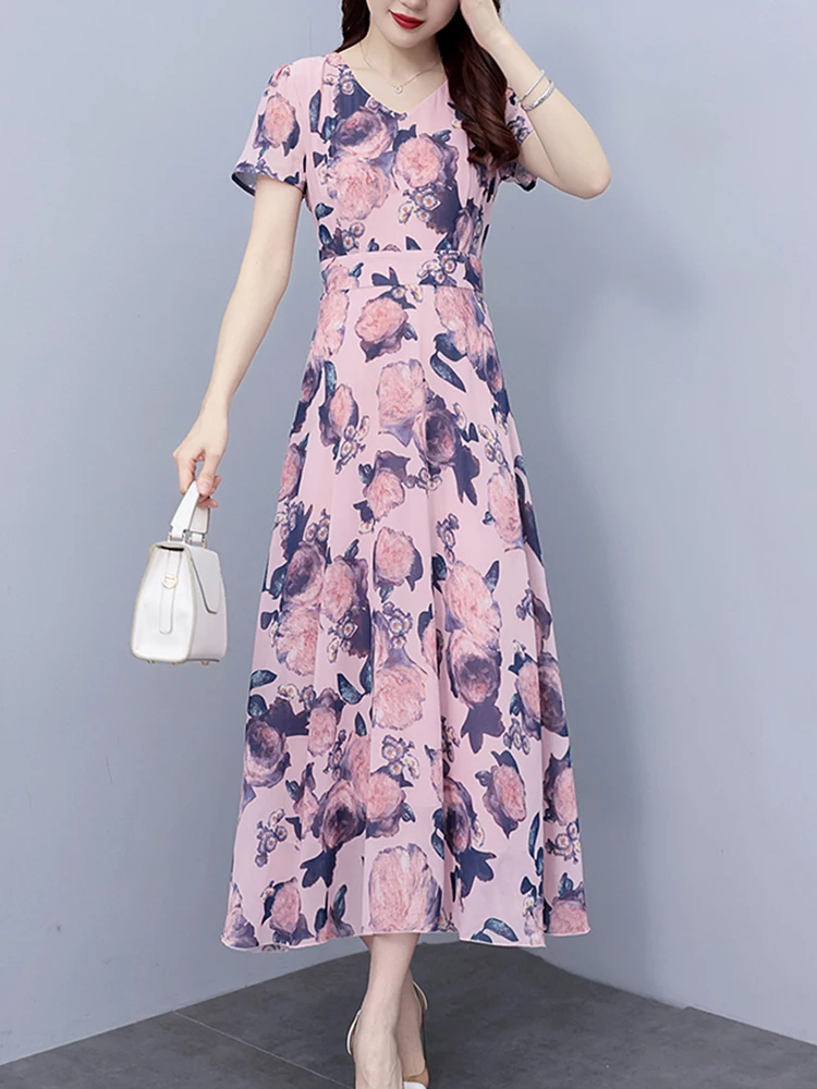 

Long Evening Prom Dresses Summer Women Vintage Casual Party Midi Dress Chiffon Elegant Floral Bodycon Fashion 2023 Formal V Neck