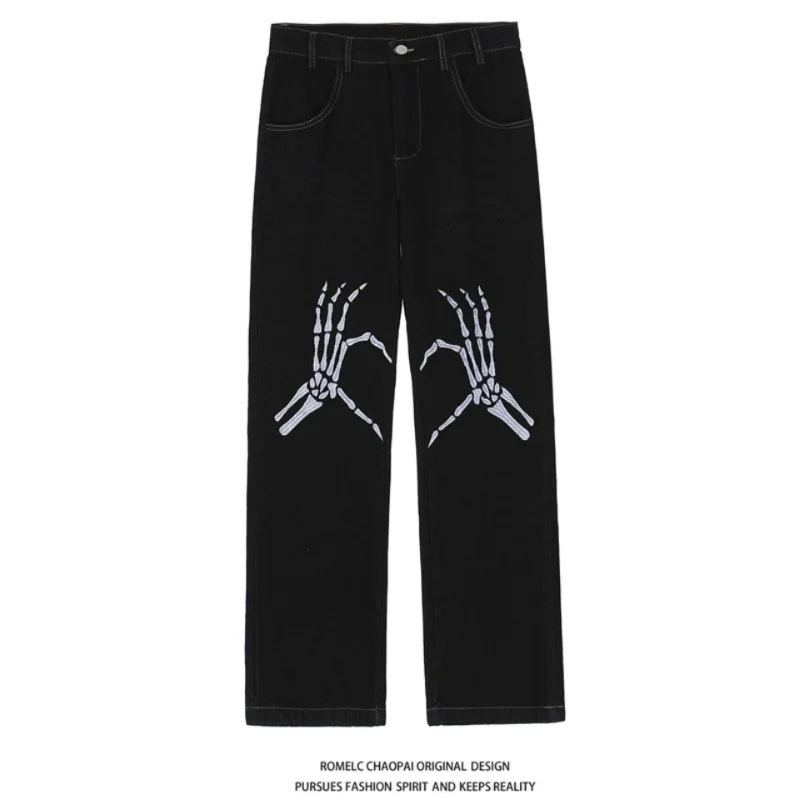 

Skeleton Hand Embroidery Pant Jeans Women Y2k Streetwear Vintage Loose Wide Leg Denim Trousers Korean Fashion Gothic Aesthetic