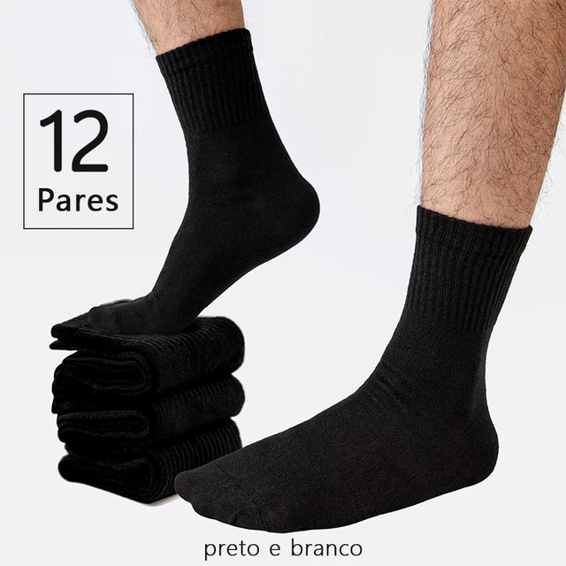 Meias Masculinas de Algodão Preto, Meias Casuais Brancas, Meias Empresariais de Primavera e Verão, Algodão Reciclado, 12 Pares