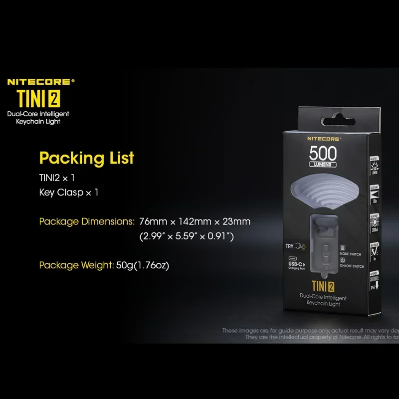 NITECORE ̴ Űü LED , 500  , 280mAh Ƭ ̿ ͸, CŸ  EDC  Ʈġ, TINI2