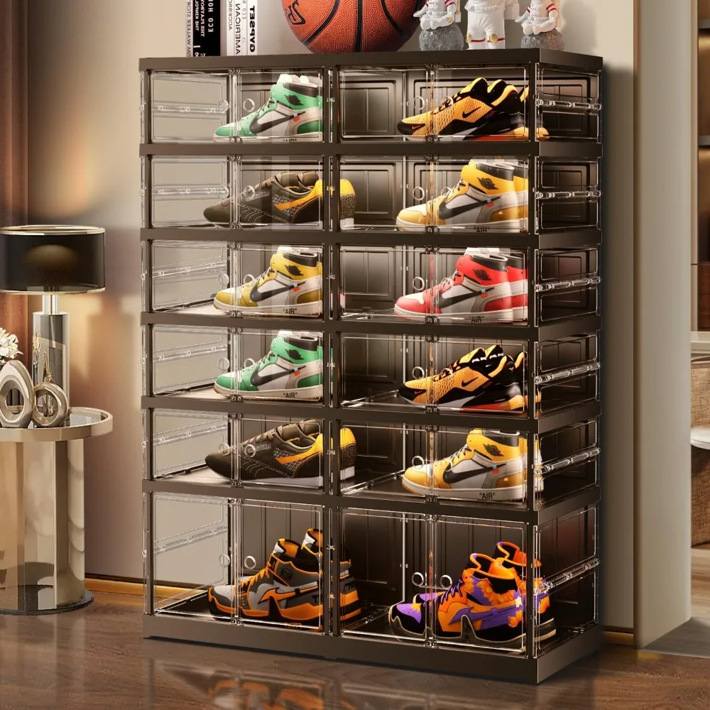 

6 Tiers 12-24 Pairs Foldable Shoe Boxes Large Plastic Storage Rack Collapsible, Clear Stackable Shoes Shelf with Doors