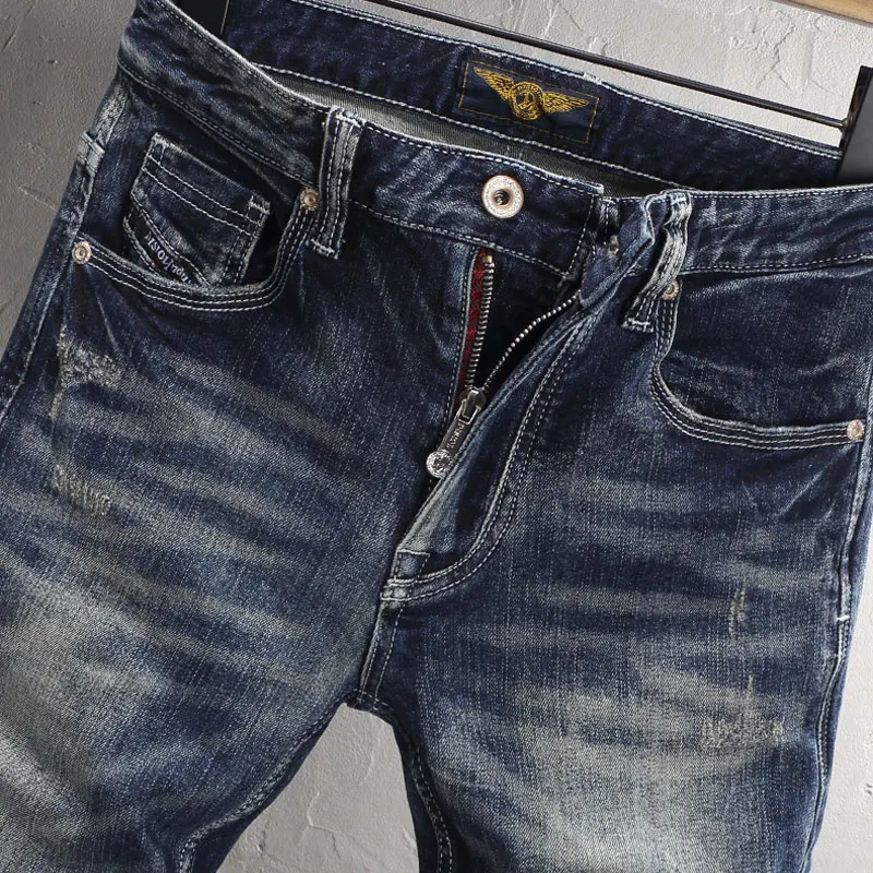 Newly Designer Men Jeans High Quality Retro Washed Blue Elastic Slim Fit Ripped Jeans Men Cotton Trousers Vintage Denim Pants