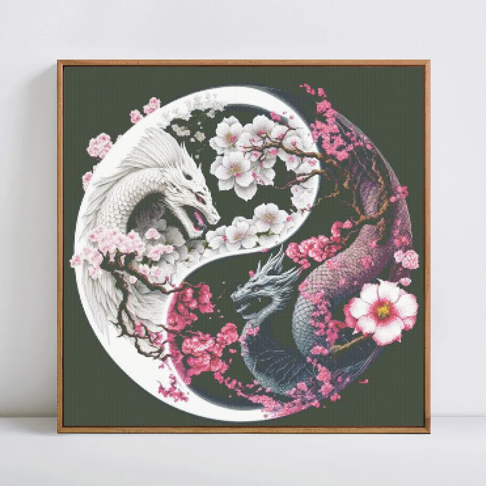 Cross Stitch Kit HUACAN Cross Stitch Dragon Animals DIY Handmade Printed Fabric Embroidery Flower Kits Home Decoration Needlework 50x50cm 11CT
