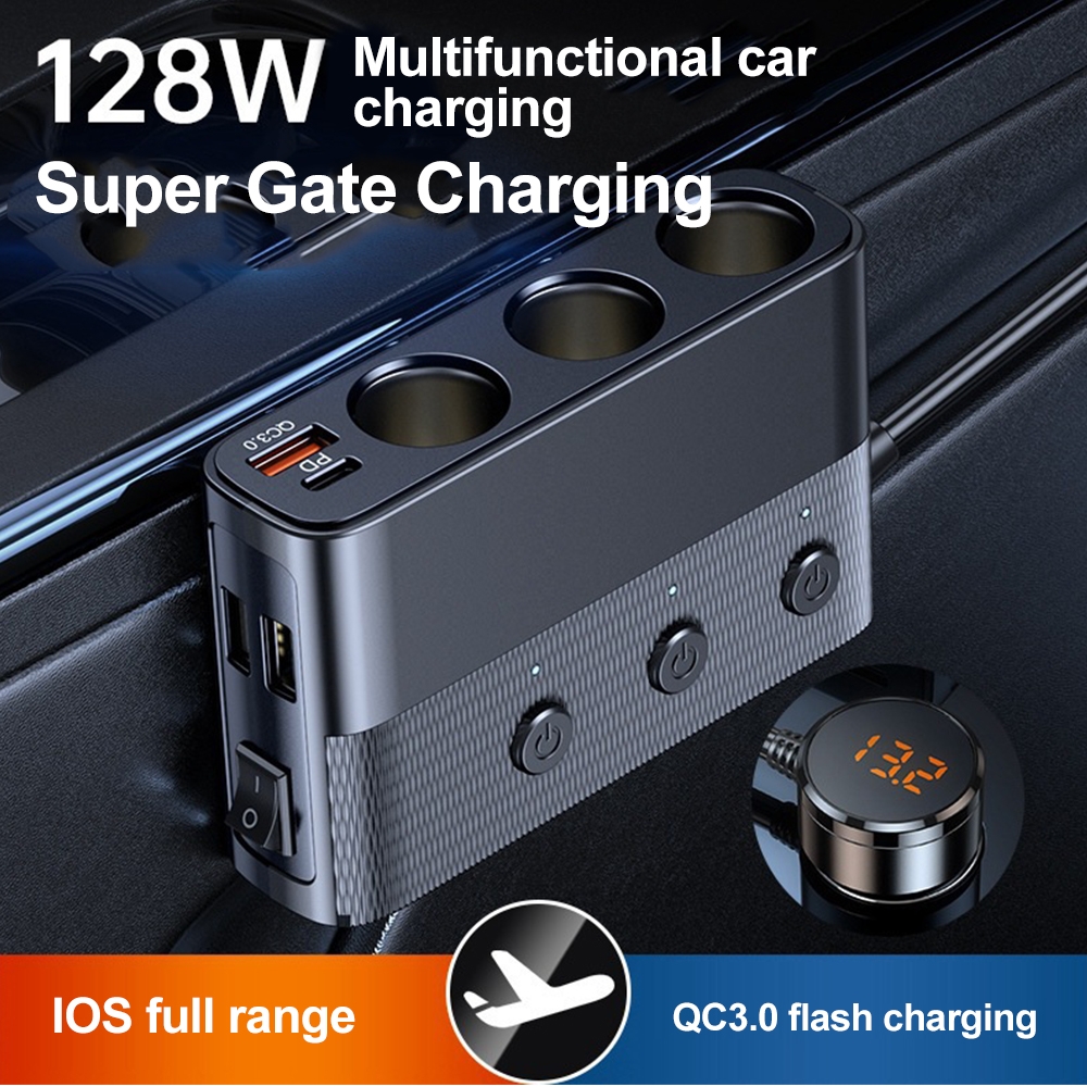 7-in-1 128W Car Charger Adapter PD QC3.0 Socket Cigarette Lighter Splitter C28 Conversion Plug Quick Charge Adapter Acesssories